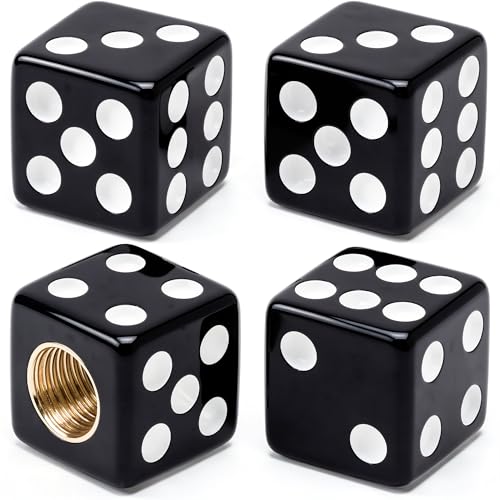 MEAJOO 4PCS Dice Shape Tire Valve Stem Caps, Universal Copper Core Dustproof Tire Valve Stem Covers for Cars, SUV, Trucks, Bikes, Motorcycles, Bicycles(Black)