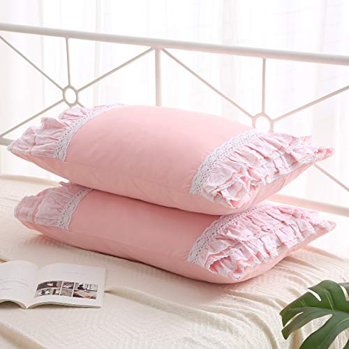 Meaning4 2-Pack Pink Pillow Shams Cases Covers With Ruffles And Lace Cotton Queen Size 30"X20"Soft Boudoir Luxurious #TOP5
