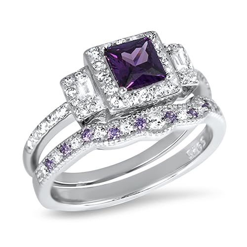 His Her Wedding Ring Set 3 Piece Trio Purple Simulatred Amethyst Bride Groom Couples Rings3