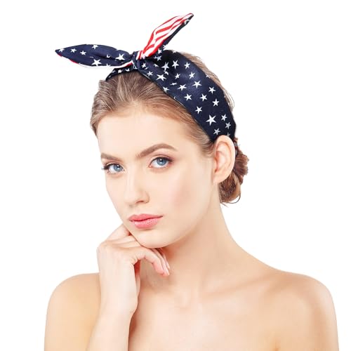 Image of 2Pcs 4th of July Headbands for Women with Patriotic USA Bows, 4th of July Wide Red White and Blue Knotted Bow Hair BandsBands Fourth of July Accessories Gifts for Memorial Day Independence Day