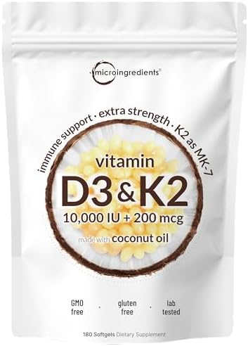 Micro Ingredients Vitamin D3 K2 MK-7 10,000 IU Per Serving, 180 S...