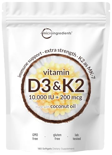 Micro Ingredients Vitamin D3 K2 MK-7 10,000 IU Per Serving, 180 Softgels