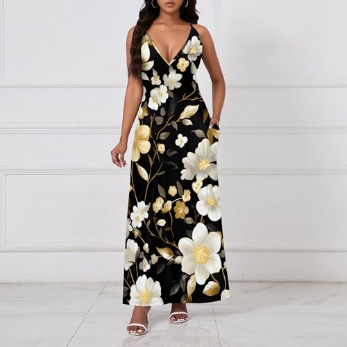Image of Women Spaghetti Strap Maxi Dress with Pockets | Soft fabric relaxed fit sleeveless v neck with pockets for party and daily wear
