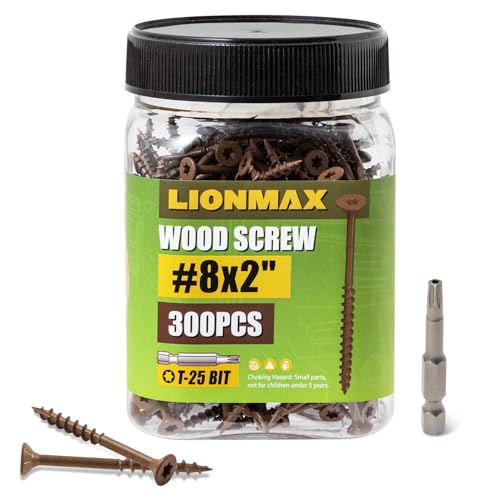 Image of LIONMAX Wood Screws 2 Inch, Deck Screws #8 x 2, 300 PCS, Rust Resistant, Epoxy Coated, Exterior Wood Screw, Outdoor Decking Screws, Torx /Star Drive Head, T25 Star Bit Included, Brown