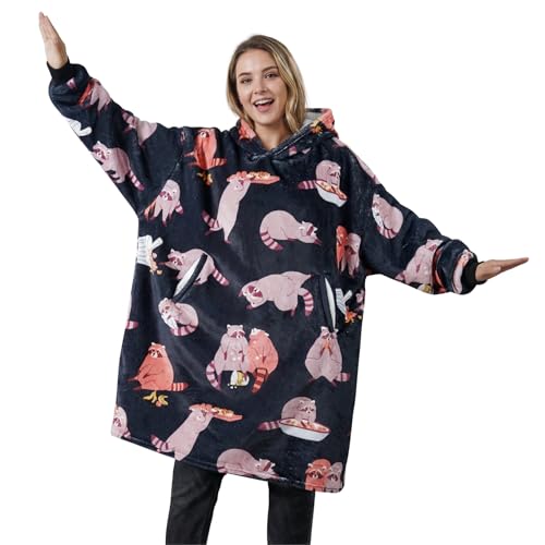 Huglanket Funny Raccoon Gifts, Raccoon Wearable Blanket Hoodies for Adults, Oversized Flannel Hooded Blankets, Gifts for Birthday, Christmas, One Size Fits All