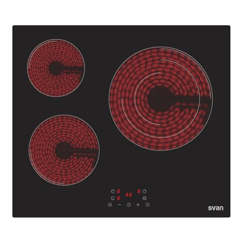 Svan Placa Vitrocerámica Cristal negro, SV3602. 3 Zonas de Cocción, 5700 W, 9 Niveles de Cocción, Control Táctil, Triple Corona, Bloqueo de Seguridad, Temporizador