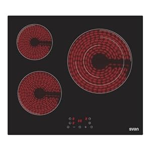 Svan Placa Vitrocerámica Cristal negro, SV3602. 3 Zonas de Cocción, 5700 W, 9 Niveles de Cocción, Control Táctil, Triple Corona, Bloqueo de Seguridad, Temporizador