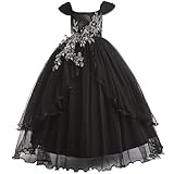 Weileenice Black Flower Girls Maxi Dresses Lace Embroidery Cold Shoulder Girl Wedding Funeral Formal Party Prom Tulle Ball Gown Vintage Kids Pageant Birthday Holiday Dress 7 8
