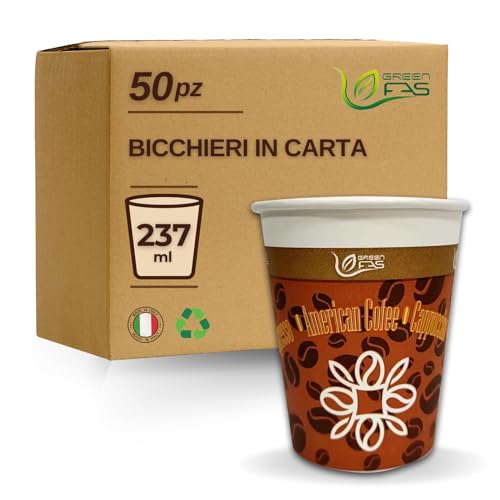 GREEN FAS 50 Bicchieri carta 237 ml - 8 oz, adatti come Bicchieri Acqua, Thè, Bicchieri Cappuccino Asporto, Bicchieri Usa e Getta