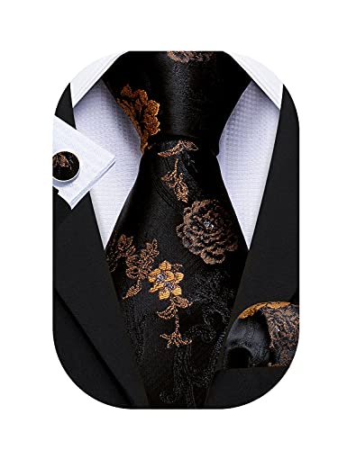 Image of Barry.Wang Flower Ties for Men Handkerchief Cufflinks Set Wedding Necktie Set Party