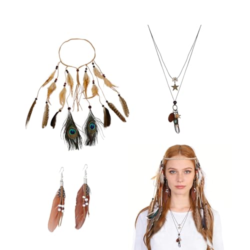 Kinwers Deguisement Indienne Femme,3 Pièces Costume Carnaval Bohémien Headdress Coiffure Accessoires Cheveux Hippie Bandeaux avec Plumes Gland pour Adulte...