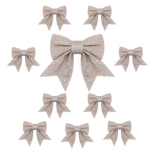 TOPWAYS 10PCS Christmas Bow Decorations, Champagne Gold Bows for Christmas Tree, Sequin Bow Ties, Xmas Decorative Bows Ornaments for Home Christmas Party 6.7in (Champagne Gold)