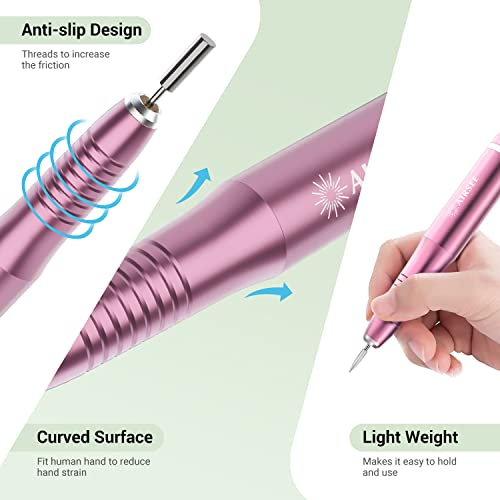 AIRSEE USB Portable Electric Nail Drill 20000 RPM Professional Efile Kit Cordless E Filer for Manicure Pedicure Acrylic Gel Polish Shape Tool with 6 Bits 26 Sanding Bands Glass File Dust Brush Pink - Thumbnail 5