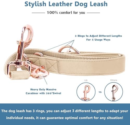 Soft Leather Dog Collar and Leash (6.6') Set - Stylish Rose Gold Heavy Duty Metal Buckle, 4 Adjustable Lengths Leash for Small Medium Large Dogs - Comfortable & Easy to Clean Beige M(13.8"-19.7") by Runwing - Used condition - Image 4