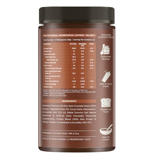 Image of MuscleBlaze High Protein Peanut Butter With Pea Protein & Whey Protein Concentrate, Crunchy, 203 G Protein, Dark Chocolate Spread, 750 Gram (Pack of 2)