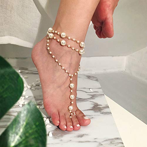 Aimimier Bohemian Pearl Anklet With Toe Ring Beach Wedding Beaded Barefoot Sandals Boho Ankle Bracelet For Women And Girls #TOP3