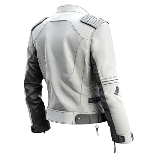 Men’s White Grey Sheepskin Biker Jacket - Stylish Moto Racer Lightweight Leather with Zippers2