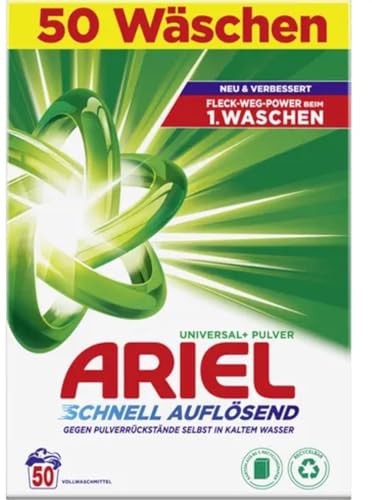 Ariel Lessive en poudre universelle à dissolution rapide + 3 kg, 50 lavages, excellente élimination des taches