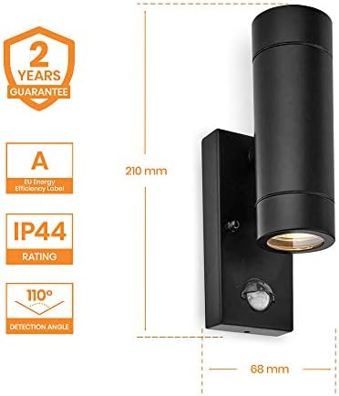 Palin Outdoor Lights with Built-in PIR  Outside Lights Mains Powered  GU10 LED Compatible Outdoor Wall Lights  Up Down Outside Lights  IP44 Rated Wall Light, Matt Black