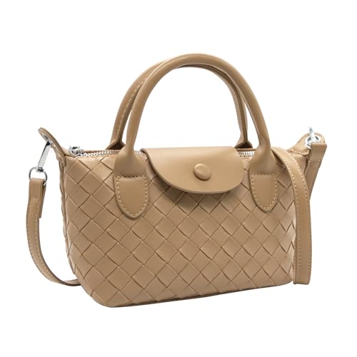 Long Keeper Women's Tote Bag PU Leather Small Braided Top Handle Shoulder Bag Mini Hobo Purse Crossbody Satchel Tote Handbags With Zip for Women Ladies (Nude Brown)