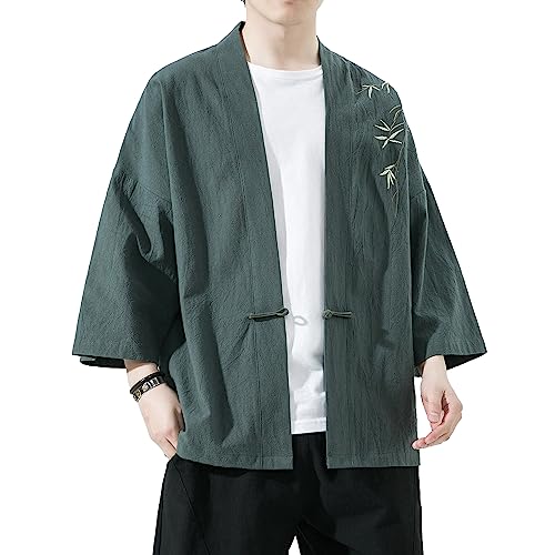 Image of Mens Kimono Cardigan Cotton Linen Japanese Shirt 3 /4 Sleeve Haori Yukata | Skin-Friendly Solid Color Lightweight Shawl Collar Kimono Robe Embroidery Button Tie Pockets Happi Coat All Season Daily Wear