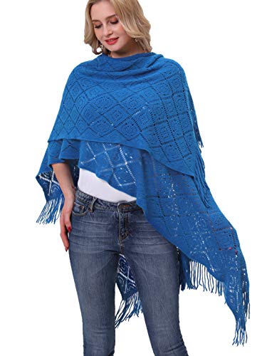 Knit Shawl Wrap for Women - Soul Young Ladies Fringe Knitted Poncho Cardigan Cape(One Size,Classic Blue Block) - Thumbnail 5