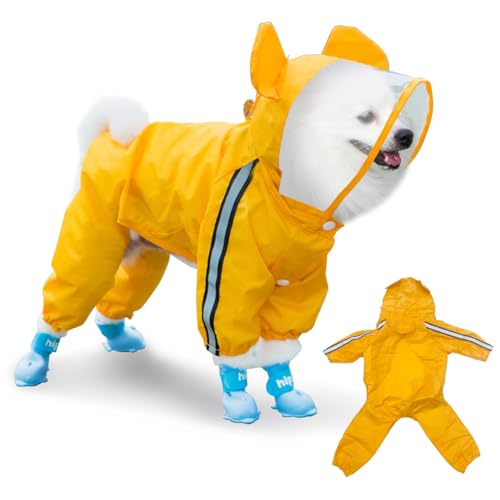 Apatal Waterproof Dog Raincoat, Adjustable 4-Legged Dog Rain Jacket with Hood and Leash Hole Reflective Lightweight Outdoor Rain Poncho Gear for Dog Suitable for Small and Medium Dogs (Yellow, Medium)
