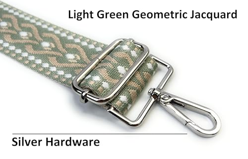 Image of Light Green Geometric Jacquard Purse Strap with Silver Hardware 2 Inch Wide Replacement Crossbody Guitar Style Shoulder Strap for Handbags Totes