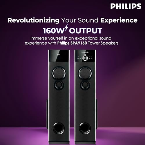 Image of Philips Audio SPA9160 2.0CH 160W Multimedia Tower Speakers with Wireless Microphone,Multi-Connectivity Option with Supporting USB, AUX, FM,Mic & Thumping Bass with Karaoke(Black)