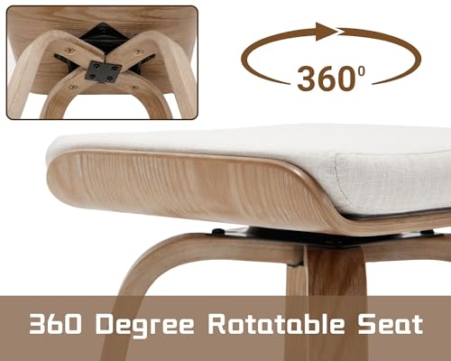 Image of HNY 26 inch Swivel Bar Stools Set of 2, Backless Counter Height Bar Stools with Removable Linen Cushion, 360 Swivel Wooden Saddle Stools with Footrest for Kitchen Island, Home Bar & Small Spaces
