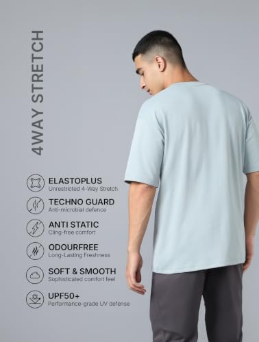 Image of TECHNOSPORT Men Round Neck Drop Shoulder T-Shirt with ELASTO Plus Gym T Shirt for Men Sports Tee for Him Male Polyester Top