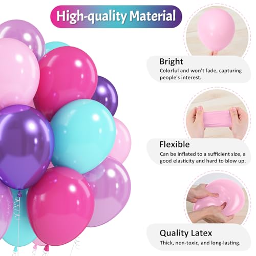 Image of Jobkoo Pink Purple Blue Balloons 60 PCS Metallic Purple Teal Hot Pink Party Latex Balloon with Confetti Balloons for Girls Princess Birthday Baby Shower Wedding Bachelorette Neon Party Decorations