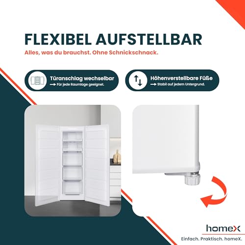 homeX Gefrierschrank NoFrost, Tiefkühlschrank groß - 161L Nutzinhalt, 4-Sterne Gefrieren, Freezer No Frost, Gefrierschränke freistehend, Super-Frost-Funktion, leise 39 dB, weiß, FSN1611E-W