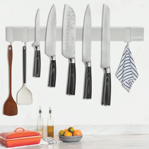 LALEIDU Porte Couteaux Aimanté 40 cm - Barre Magnétique pour Couteaux à Forte Adhésion - Support Aimanté Murale avec 3 Crochets en Acier Inoxydable - Installation par Colle ou Vis