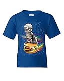 Cat Flying a Rainbow Burger Youth T-Shirt Funny Astronaut Kitten Space Kids Tee Royal Blue Small