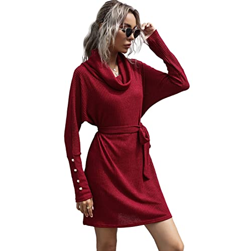 LXYYSG Damen Freizeitkleider Cocktailkleider Partykleider Abendkleider Heap Kragen Einfarbig Basic Strickpullover Kleid Damen Langarm A-Linie Rock Fledermausärmel B,S Cover