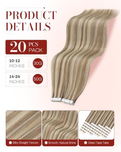 Image of Moresoo Tape ins Human Hair Extensions Beige Blonde 14in 20pcs 50g | Tape ins human hair extensions, soft neutral blonde, seamless finish, shoulder-grazing length for office days