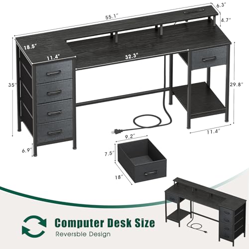 Image of Korfile 55 Inch Gaming Computer Desk with Power Outlets,LED,5 Drawers,Black