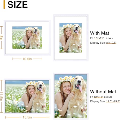 decorUhome 12x16 Picture Frame Set of 10, Display Photos 8.5x11 with Mat or 12x16 Unmatted for Picture Frames Collage Wall Decor, White