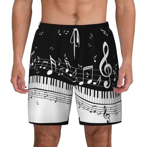 Piano Keys with Musical Notes Print Men'S Bwim Trunks Beach Shorts with Compression Liner, Anti-Chafe, Quick Dry