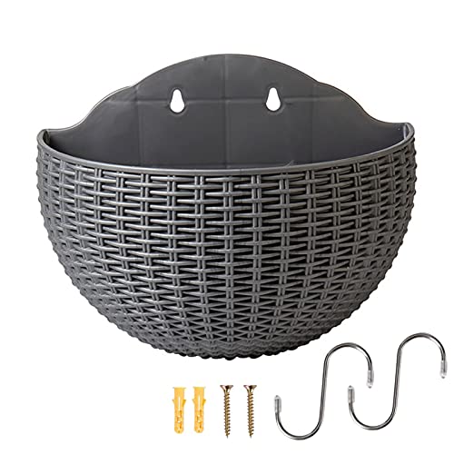 Pot de fleurs imitation rotin à suspendre au mur en demi-cercle - Paniers suspendus en résine - Motif tissé - Pour l'extérieur - Gris - Taille L Cover