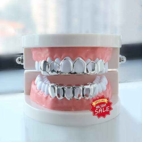 Open Face Grillz Teeth 24k Gold Grillz Plated Caps New Custom Fit Top & Bottom Grill Set for Kids + Extra Molding Bars + Microfiber Cloth4