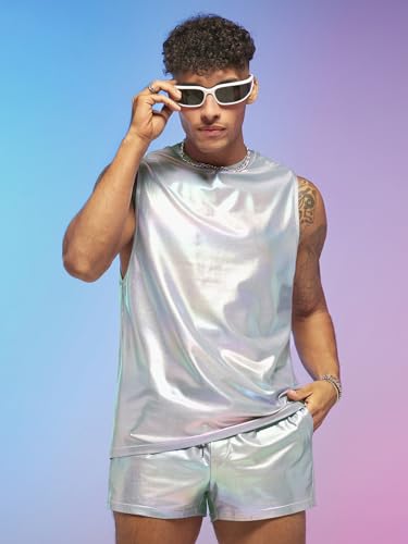WDIRARA Men's 2 Piece Outfit Holographic Sleeveless Tank Top and Drawstring Track Shorts Set3