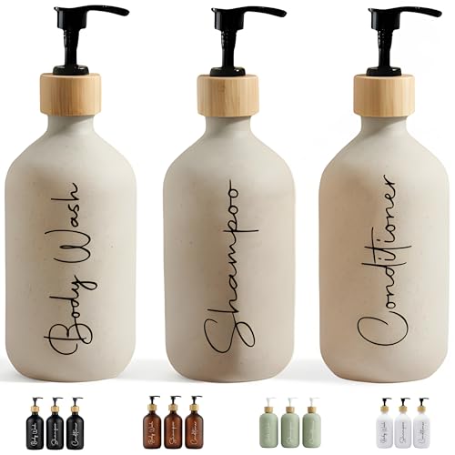 Distributeur de Savon pour Salle de Bain Beige Mat 500 ML Lot de 3 boîtes pour Gel et shampoing, Entonnoir de Remplissage, ce Distributeur de Savon est élégant et...