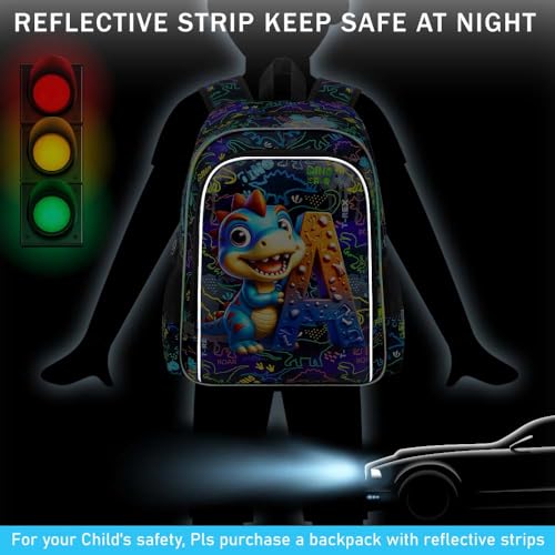 Image of 16 inch Dinosaur Backpack, 3Pcs Boys Bookbag with Lunch Box, Kids School Backpacks Set for Elementary Preschool Kindergarten (Balck)