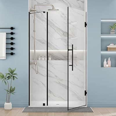 DELAVIN 48-48.5" W x 72" H Frameless Glass Shower Door Adjustable, Hinged Shower Door with Ultra Clear Tempered Glass, Explosion-Proof Film, Pivot Shower Door with Seal Strip and Handle, Black