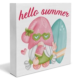 Hello Summer Decor Popsicle Gnomes Wood Plaque Block Sign Summer Beach Decorations for Home 5 X 5 Inches