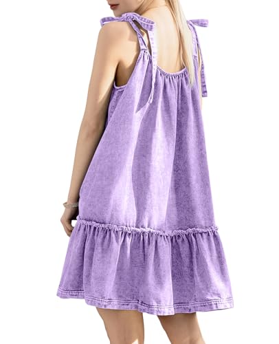 Image of Denim Dress for Women Tie Shoulder Sleeveless Denim Mini Dress Casual Flowy Babydoll Dress Wash Jean Dress