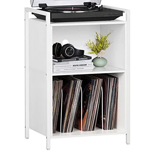 YAHARBO Turntable Stand, Record Player 3-Shelf White Vinyl Holder with Storage, Vintage Stand Holds Up to 180 Albums, Table Handle for Living Room, Bedroom, Super Large, (MK-NRPS-D-White-01)
