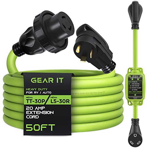 GearIT 30A RV Extension Cord (50ft) 3-Prong NEMA TT-30P to L5-30R and 30A Surge Protector (2700 Joules)